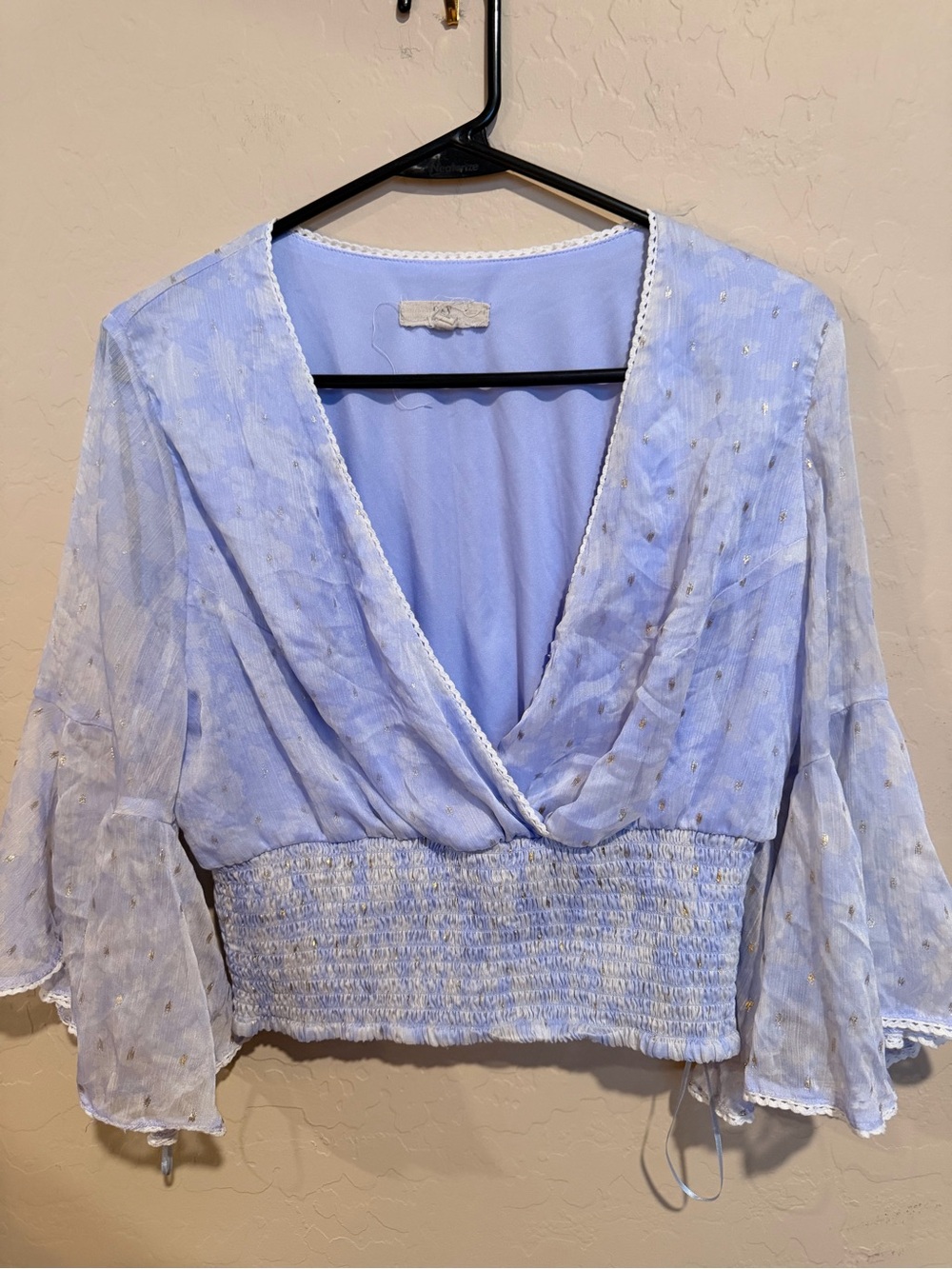 Baby Blue Metallic Bell Sleeve Smocked Crop Top